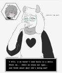  4_fingers anthro blush blush_lines bovid caprine clothing comic covering covering_mouth darkner deltarune dialogue embarrassed english_text eyewear femboy fingers fur glasses goat hi_res horn human kris_dreemurr looking_away male mammal paws peachboysmut ralsei robe scarf text undertale_(series) wearing_glasses white_body white_fur 