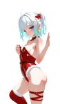  1girl ahoge alternate_costume aqua_hair ass bare_shoulders belt black_belt blue_eyes breasts commentary feet_out_of_frame fingernails fur_trim gradient_hair hair_ornament hair_ribbon hand_up highleg highleg_leotard highres indie_virtual_youtuber jingle_bell_earrings leotard long_fingernails looking_at_viewer mint_fantome multicolored_hair multiple_thigh_straps nail_polish parted_lips pointy_ears red_leotard red_thighhighs ribbon sansha_art short_hair simple_background single_thighhigh skindentation small_breasts solo strapless strapless_leotard thigh_strap thighhighs virtual_youtuber white_background white_hair white_nails x_hair_ornament 
