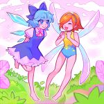 2girls :d arms_behind_back artist_name barefoot blue_dress blue_eyes blue_hair bow cirno dress english_commentary fairy fairy_wings gallica_(metaphor:_refantazio) hair_bow hair_over_one_eye hairband hands_up highres ice ice_wings leotard metaphor:_refantazio multiple_girls orange_hair outdoors pink_sky pointy_ears sakuritah short_sleeves sky smile standing standing_on_one_leg touhou trait_connection wings 