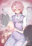  1girl 3boys absurdres apron arimura_mao asymmetrical_bangs baby_bottle blush bottle bra breast_milk_in_container breasts closed_eyes collared_shirt commentary_request dildo flying_sweatdrops gakuen_idolmaster heart heiyan_heiyan highres holding holding_sex_toy idolmaster lactation large_breasts milking_machine multiple_boys name_tag nipples nose_blush one_breast_out pink_hair purple_apron purple_eyes sex_toy shirt short_hair short_sleeves sitting spoken_heart steam underwear unworn_bra white_bra white_shirt 
