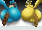 2025 anthro anus balls big_butt blue_body blue_eyes blue_fur brown_eyes butt drain_scat duo feces feces_in_ass fur generation_4_pokemon generation_7_pokemon genitals glistening glistening_body hi_res legendary_pokemon looking_at_viewer looking_back looking_back_at_viewer lucario male mammal nintendo pokemon pokemon_(species) pooping pooping_together raised_tail rear_view simple_background sitting tail wide_hips yellow_body yellow_fur zeraora