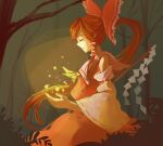  1girl ascot bigreen bow brown_hair chinese_commentary closed_eyes closed_mouth commentary_request detached_sleeves forest frilled_bow frilled_hair_tubes frills gohei hair_bow hair_tubes hakurei_reimu holding holding_gohei long_hair nature outdoors ponytail red_bow red_skirt ribbon-trimmed_sleeves ribbon_trim skirt skirt_set solo touhou yellow_ascot 