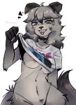 anthro breasts canid canine clothed clothing clothing_lift ears_down epic_games female fortnite fur grey_body grey_fur h0t-garbage heterochromia hi_res mammal nipples pivoted_ears shirt shirt_lift solo tongue tongue_out topwear undressing wolfie_(fortnite)