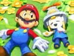  1boy 1girl blue_dress blue_overalls blush brown_hair commentary_request connie_(mario) dress facial_hair field flower flower_field full_body gloves hat lying mario mario_&amp;_luigi:_brothership mario_&amp;_luigi_rpg mario_(series) mustache on_back open_mouth outdoors overalls red_hat red_shirt shirt short_hair smile white_gloves yamari_(ya_mari_6363) yellow_flower 