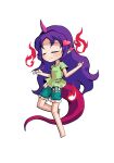  1girl barefoot breasts chibi chibi_only closed_eyes commentary_request dairi full_body green_shirt green_shorts horns large_variant_set long_hair pink_horns purple_hair red_tail shirt shorts simple_background single_horn solo tachi-e tenkajin_chiyari test_tube touhou transparent_background variant_set very_long_hair 