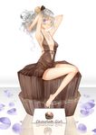  absurdres armpits arms_up barefoot blonde_hair blush center_opening chocolate chocolate_heart collarbone dress hair_ornament heart highres jewelry looking_at_viewer necklace original petals purple_eyes saberiii silver_hair sitting solo 