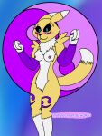  3:4 anthro bandai_namco blue_background blush canid canine digimon digimon_(species) female fox genitals mammal navel nipples purple_background renamon simple_background solo thatgreencahtdawg420 vulva yin_yang 