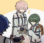  +++ 1boy 1other 2girls animal_on_lap animalization backpack bag belt black_choker black_outline blue_hair blue_hat blush_stickers brown_bag child choker closed_eyes collarbone earrings es_(milgram) green_eyes green_hair hair_between_eyes hat highres jackalope_(milgram) jewelry kusunoki_muu looking_at_animal milgram momose_amane multiple_girls o-ring off-shoulder_shirt off_shoulder on_lap outline peaked_cap pink_hair prison_clothes randoseru sakurai_haruka_(milgram) shirt short_hair simple_background sitting sleeves_past_fingers sleeves_past_wrists smile sparkle strap tanuki24036 white_shirt 