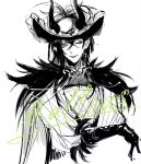  1boy ;d bicorne cape character_name crossed_bangs dragon_horns earrings elbow_gloves eyeshadow frilled_hat frills fur-trimmed_cape fur_trim gloves green_eyes greyscale hair_between_eyes hat hat_feather he_he_chang highres horns horns_through_headwear jacket jewelry long_sleeves looking_at_viewer makeup male_focus malleus_draconia medium_hair monochrome official_alternate_costume one_eye_closed pointy_ears puffy_long_sleeves puffy_sleeves shirt simple_background slit_pupils smile solo spot_color twisted_wonderland upper_body white_background 