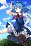  1girl bloomers blue_dress blue_hair blue_sky cirno closed_mouth cloud dress hand_on_own_hip hand_up ice ice_wings looking_at_viewer outdoors puffy_sleeves shimohuri_(novazz221) shirt sky solo touhou v white_shirt wings 
