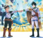  2boys asta_(black_clover) black_boots black_clover black_hair black_headband black_pants boots brown_boots green_eyes grey_hair grin headband jacket multiple_boys official_art pants shirt short_hair smile tabata_yuuki white_jacket white_pants white_shirt yuno_(black_clover) 