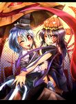  :p ;p asymmetrical_wings black_hair black_legwear blue_hair blush checkered checkered_background grin halloween hat houjuu_nue karakasa_obake letterboxed long_hair long_tongue mini_hat mini_top_hat multiple_girls one_eye_closed polearm red_eyes ryuuichi_(f_dragon) short_hair skirt smile smirk tatara_kogasa thighhighs tongue tongue_out top_hat touhou trident umbrella weapon wings 