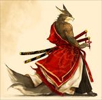  anthro canine fox japanese_clothing kimono looking_at_viewer male mammal melee_weapon moodraw multiple_tails orange_eyes plain_background red_eyes solo sword tattoo weapon white_background 