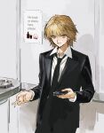  1boy alternate_costume between_fingers black_jacket black_necktie blonde_hair brown_eyes cellphone cigarette closed_mouth collared_shirt commentary_request earrings highres holding holding_cigarette holding_phone huangdanlan hunter_x_hunter jacket jewelry kurapika looking_at_viewer male_focus necktie phone shirt short_hair smartphone solo standing suit suit_jacket white_shirt 