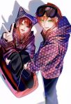  2boys absurdres arm_up beanie bimigohan16 black_nails black_pants from_above goggles goggles_on_head green_eyes hair_between_eyes hat heterochromia highres jacket jel_(stpri) long_sleeves looking_at_viewer lower_teeth_only male_focus multiple_boys open_mouth orange_hair pants pom_pom_(clothes) pom_pom_beanie print_jacket purple_hat red_hair rinu_(stpri) shadow short_hair simple_background sitting sled smile strawberry_prince teeth v white_background 