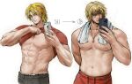  abs age_progression beard_stubble black_pants blonde_hair clothes_lift facial_hair forked_eyebrows highres jewelry ken_masters korean_commentary looking_at_phone love_handles male_focus multiple_boys muscular muscular_male navel necklace one_eye_closed pants pectorals phone red_pants red_shirt rhems3877 selfie shirt shirt_lift short_hair simple_background smile street_fighter street_fighter_6 street_fighter_iii_(series) stubble sweatpants thick_eyebrows topless_male towel towel_around_neck upper_body white_background 