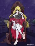  arm_rest artist_name ascot barefoot belt black_cape black_capelet blonde_hair boots breasts brown_belt brown_boots brown_shoes cape capelet clenched_hands emeraldas expressionless feet gloom_(expression) gloves green_eyes hair_ornament hand_on_own_face hand_on_own_hip harlock_saga highres long_eyelashes long_hair medium_breasts on_throne pants pantyhose puffy_sleeves purple_background queen_emeraldas red_cape red_shirt scar scar_on_cheek scar_on_face shirt shoes signature sitting sitting_on_throne skull skull_hair_ornament skull_print sleeves_rolled_up space spacecraft spacecraft_interior szero throne toes twitter_username uchuu_kaizoku_captain_harlock unworn_boots very_long_hair white_ascot white_gloves white_pants white_pantyhose 