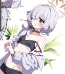  1girl alternate_costume alternate_hairstyle bikini black_bikini blue_archive bracelet brown_eyes brown_halo commentary cropped dong_ji eyeball_hair_ornament grey_hair hair_over_one_eye halo jewelry kanoe_(blue_archive) long_hair long_sleeves navel one_eye_covered plant ribs simple_background solo swimsuit symbol-only_commentary translation_request white_background 