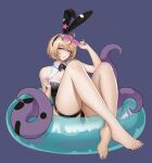  1girl absurdres adjusting_eyewear animal_ear_hairband animal_ears bare_shoulders barefoot black_leotard blonde_hair blue_background blush breasts closed_mouth commentary_request cowlick eyewear_on_head fake_animal_ears feet full_body hairband highres huwenshayubushiyu large_breasts leotard looking_at_viewer mole mole_under_mouth nail_polish pink-tinted_eyewear playboy_bunny purple_eyes purple_nails rabbit_ear_hairband rabbit_ears short_hair simple_background solo sunglasses swim_ring tentacle_girl tentacle_tail tentacles thigh_strap thighs tinted_eyewear toenail_polish toenails yidhari_murphy zenless_zone_zero 