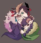  1boy 1girl black_eyes blue_eyes blush braid braid_girl_(enmu's_recruits) brown_hair brown_horns clenched_teeth cloak colored_sclera colored_tips commentary_request cropped_torso enmu_(kimetsu_no_yaiba) evil_smile facial_mark fangs fur-trimmed_cloak fur_trim furrification furry furry_female furry_male green_cloak grey_background hair_over_one_eye hand_on_another's_head hand_on_another's_shoulder hand_on_own_cheek hand_on_own_face head_rest highres holding holding_weapon horns jacket kimetsu_no_yaiba long_hair long_sleeves looking_at_viewer low_twin_braids multicolored_hair nervous_sweating one_eye_covered open_mouth purple_hair purple_jacket raised_inner_eyebrows red_sclera sanpaku shaded_face sheep_boy simple_background smile sweat symbol-shaped_pupils syouyou3 tears_facial_mark teeth trap twin_braids weapon 