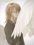 1boy androgynous angel angel_devil_(chainsaw_man) angel_wings apollocat01 bishounen black_jacket chainsaw_man collared_shirt commentary_request feathered_wings formal_clothes from_side grey_eyes hair_between_eyes halo highres jacket long_hair looking_at_viewer male_focus red_hair shirt solo upper_body white_background wings 