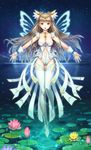  breasts choker cleavage cloud crown flower green_eyes groin highres lily_pad long_hair md5_mismatch medium_breasts navel navel_cutout night ocean open_mouth original outstretched_arms sky solo star thigh_gap thighhighs very_long_hair water white_legwear wings wrist_cuffs youbou 