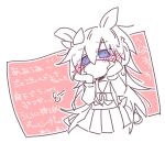  1girl @_@ animal_ears beer_hsk blue_eyes blush bow hair_between_eyes hands_up horse_ears long_hair long_sleeves looking_at_viewer mask mouth_mask orfevre_(old_design)_(umamusume) pink_background pleated_skirt school_uniform shirt skirt solo text_background tracen_school_uniform translation_request two-tone_background umamusume very_long_hair white_background 