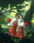  2girls acidiccandles alternate_costume branch closed_eyes closed_mouth commentary double_bun english_commentary forest fox_mask full_body green_hair hair_bun hair_over_shoulder hakama hakama_skirt highres holding holding_lantern japanese_clothes kimono kusuriya_no_hitorigoto lantern long_sleeves maomao_(kusuriya_no_hitorigoto) mask mask_on_head miko multiple_girls multiple_others nature outdoors paper_lantern purple_hair red_hakama shisui_(kusuriya_no_hitorigoto) skirt sleeves_past_fingers sleeves_past_wrists smile tree walking white_kimono wide_sleeves 