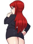  1girl ass commentary cowboy_shot english_commentary from_behind hand_on_own_hip highres long_hair looking_ahead mugiotoko parasoul_(skullgirls) red_hair simple_background skirt skullgirls solo standing sweater turtleneck turtleneck_sweater white_background white_hair yellow_eyes 