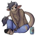 1:1 2025 anthro beverage beverage_can big_tail biped bottomwear bovid bovine broken_horn brown_body brown_clothing brown_fur brown_sweater brown_topwear bubble_tea cattle claws clothed clothing denim denim_bottomwear denim_clothing digital_media_(artwork) female flat_chested fur grey_hair grey_horn hair hi_res hooves horn inner_ear_fluff jeans looking_aside mammal manitka manitka_storm pants short_hair simple_background sitting smile solo sweater tail topwear torn_bottomwear torn_clothing torn_jeans torn_pants tuft white_background