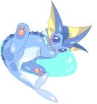  :3 animal_focus blue_skin blush choko_(sweetpocket) colored_skin commentary_request fins fish_tail full_body lying no_humans on_side open_mouth pawpads pokemon pokemon_(creature) pokemon_focus purple_eyes simple_background solo spread_legs tail vaporeon white_background 