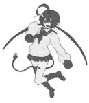  1girl :d absurdres ahoge arched_back arm_at_side asymmetrical_legwear bandaid_on_thigh center-flap_bangs double-parted_bangs electric_plug electric_plug_tail empty_eyes fang flat_chest full_body hair_between_eyes hand_up hashtag-only_commentary high_contrast highres huge_ahoge jitome kneehighs long_hair long_sleeves looking_at_viewer low_twintails miniskirt my_loleeta neckerchief no_pupils open_mouth original pleated_skirt puffy_long_sleeves puffy_sleeves sailor_collar school_uniform shirt simple_background single_kneehigh single_sock single_thighhigh skin_fang skirt sleeve_cuffs sleeves_past_fingers sleeves_past_wrists smile socks standing standing_on_one_leg tail thighhighs tongue twintails very_long_hair white_background 