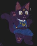  blue_clothing bottomwear cheerleader_outfit cheerleading_pose clothed clothing domestic_cat exclamation_point felid feline felis female feral fur luna_(sailor_moon) mammal no_underwear on_hind_legs plm40 purple_body purple_fur raised_arm raised_bottomwear raised_clothing raised_skirt sailor_moon_(series) shocked skirt solo 