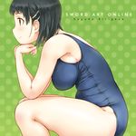  belly blush breasts character_name copyright_name green_eyes hair_ornament hairclip kirigaya_suguha large_breasts one-piece_swimsuit plump polka_dot polka_dot_background profile school_swimsuit sitting smile solo swimsuit sword_art_online takagi_hideaki 