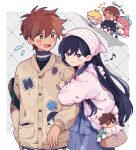  2girls 4boys :d :o ^_^ antenna_hair arm_hug arm_up aubrey_(faraway)_(omori) aubrey_(omori) bag basil_(faraway)_(omori) basil_(omori) basket black_bag black_eyes black_hair black_shirt black_socks blonde_hair blue_eyes blue_hakama blue_shorts blue_skirt blue_sweater blush border bright_pupils brother_and_sister brothers brown_cardigan brown_eyes brown_hair buttons camera cardigan character_doll character_name chibi chibi_inset closed_eyes closed_mouth commentary cowboy_shot dark-skinned_male dark_skin denim denim_skirt doll double-parted_bangs english_text eye_contact fingernails flying_sweatdrops fur_jacket grey_background hair_behind_ear hair_between_eyes hakama hakama_shorts headscarf heart hero_(birthday)_(omori) hero_(faraway)_(omori) hero_(omori) highres holding holding_camera jacket japanese_clothes jewelry jitome kel_(faraway)_(omori) kel_(omori) long_hair long_sleeves looking_at_another mari_(birthday)_(omori) mari_(faraway)_(omori) mari_(omori) mari_(spirit)_(omori) miniskirt multiple_boys multiple_girls musical_note nail_polish notice_lines official_alternate_costume omori open_clothes open_jacket open_mouth outside_border photo_(object) pink_hair pocket puffy_long_sleeves puffy_sleeves purple_nails ring rioririoriori shirt short_hair shorts shoulder_bag siblings simple_background skirt smile socks something_(omori) sparkle standing straight_hair strawberry_hat_ornament sunny_(omori) sweatdrop sweater tareme tongue turtleneck turtleneck_sweater very_long_hair very_short_hair waving white_border white_headscarf white_jacket white_pupils 