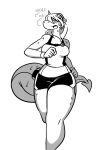 anthro bodily_fluids bottle bottomwear breasts breath clothed clothed_anthro clothed_female clothing container crop_top dragon earbuds electronics female gloves hair handwear headphones hi_res long_hair midriff monochrome mythological_creature mythological_scalie mythology narrowed_eyes open_mouth running scales scalie shirt shorts shyguy9 solo sophie_(shyguy9) sound_effects spade_tail sweat tail text thick_thighs topwear water_bottle