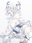  1girl bare_shoulders breasts cleavage demon_girl demon_horns dress drill_hair duel_monster earrings eyelashes grey_eyes grey_hair highres horns jewelry large_breasts lovely_labrynth_of_the_silver_castle open_mouth ponytail sanzakasun smile solo strapless strapless_dress twin_drills white_background white_dress yu-gi-oh! 