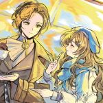  2girls ^_^ ascot beret blue_hat blue_scarf brown_coat brown_hair closed_eyes closed_mouth coat cup dress dutch_angle facing_another fork greta_hofmann grey_jacket hat holding holding_cup holding_fork holding_plate jacket lalang looking_at_another looking_to_the_side marcus_(reverse:1999) mole mole_under_eye mole_under_mouth multiple_girls open_mouth plate profile reverse:1999 sachertorte_(food) scarf shirt smile upper_body white_ascot white_dress white_shirt yellow_background yellow_eyes 