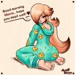  1girl artist_name barefoot blonde_hair commentary english_commentary english_text feet hair_over_one_eye highres hood long_hair looking_back luma_(mario) mario_(series) marodraws onesie rosalina simple_background smile soles solo toes 