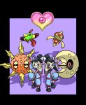  aqua_jacket aqua_pants badge badge_(pokemon) baltoy black_border black_eyes black_hair black_sclera black_shoes border brother_and_sister closed_eyes closed_mouth colored_sclera commentary_request daisuke_umiushi eyelashes floating full_body hair_bun hair_ribbon jacket liza_(pokemon) long_hair long_sleeves lunatone matching_outfits mind_badge natu open_mouth pants pink_eyes pointy_nose pokemon pokemon_(creature) pokemon_rse purple_background red_eyes ribbon shadow shoes short_hair siblings sidelocks simple_background single_hair_bun smile solrock standing standing_on_one_leg tate_(pokemon) toon_(style) twins v-shaped_eyebrows white_ribbon yellow_eyes 