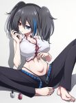  02g9 1girl absurdres bare_shoulders barefoot black_hair black_panties blue_eyes breasts bulge cleavage futanari hair_between_eyes heterochromia highleg highleg_panties highres large_breasts nail_polish navel open_pants panties pants partially_unbuttoned red_eyes red_nails shirt simple_background single_hair_streak sleeveless spread_legs toenail_polish toenails twintails underwear utau white_background white_shirt yokune_ruko 