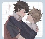  2boys arms_around_neck black_jacket blue_oak blush border brown_eyes brown_hair collared_jacket from_side grey_border grid_background grin hand_on_another's_shoulder highres hood hooded_jacket jacket long_sleeves male_focus multiple_boys open_mouth parted_bangs pk_rgr96 pokemon pokemon_hgss red_(pokemon) short_sleeves smile spiked_hair teeth translation_request upper_body yaoi 