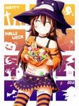  absurdres body_writing brown_hair candy closed_eyes food halloween happy_halloween hat highres long_hair navel original smile solo takamine_kokone takamine_tsukumo thighhighs trick_or_treat witch_hat 