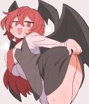  1girl ass ass_peek black_skirt blush clothes_lift commentary crossed_bangs demon_girl demon_wings double-parted_bangs feet_out_of_frame grey_background grey_vest half-closed_eyes head_wings highres koakuma kurachi_mizuki long_hair long_sleeves looking_at_viewer messy_hair open_mouth outline presenting presenting_ass puff_of_air raised_inner_eyebrows red_eyes red_hair shirt simple_background skirt skirt_lift smile solo sweatdrop touhou vest white_outline white_shirt wings 