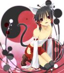  1boy animal_ears arm_support bandaged_torso bare_shoulders black_hair black_socks black_tail boots brown_boots cat_ears cat_tail circle clothing_cutout collarbone commentary_request detached_sleeves full_body genderswap genderswap_(ftm) gradient_background groin hair_between_eyes hair_tubes hakurei_reimu hip_vent iy_(undecided) kneehighs leaning_forward looking_at_viewer male_focus neko_miko_reimu outer_glow outline parted_lips pleated_shorts red_eyes red_shorts ribbon-trimmed_sleeves ribbon_trim short_hair short_shorts shorts sidelocks sleeves_past_wrists smile socks squatting tail teeth touhou trap upper_teeth_only white_outline white_sleeves wide_sleeves yin_yang 