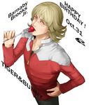  barnaby_brooks_jr birthday blonde_hair food fork fruit glasses gonta_(gongon500) green_eyes jacket male_focus red_jacket solo strawberry tiger_&amp;_bunny 