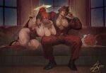  1boy 1girl alternate_hairstyle arm_around_shoulder bouquet breasts brown_hair cleavage commentary couch english_commentary guilty_gear guilty_gear_strive halo huge_breasts ickpot jack-o'_valentine large_pectorals muscular muscular_male on_couch pectoral_cleavage pectorals ponytail red_hair red_suit sol_badguy spread_legs suit thick_thighs thighs unfinished 