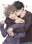  2boys arm_around_neck arms_up black_hair black_shirt blue_oak brown_eyes brown_hair closed_mouth commentary_request cowboy_shot grey_shirt grid_background hand_on_another's_chest heart highres hug hug_from_behind long_sleeves looking_at_another male_focus multiple_boys pants parted_bangs pk_rgr96 pokemon red_(pokemon) shirt smile yaoi 
