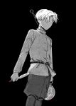  1boy belt black_background chi.:_chikyuu_no_undou_ni_tsuite faceless faceless_male greyscale han_orb highres holding holding_compass holding_quill jacket male_focus monochrome pants quill rafal_(chi.) short_hair simple_background solo 