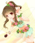  :d ahoge bracelet brown_eyes brown_hair flower hair_flower hair_ornament highres idolmaster idolmaster_cinderella_girls jewelry long_hair midriff navel open_mouth ponytail skirt smile solo takamori_aiko yucco_kxoxc 